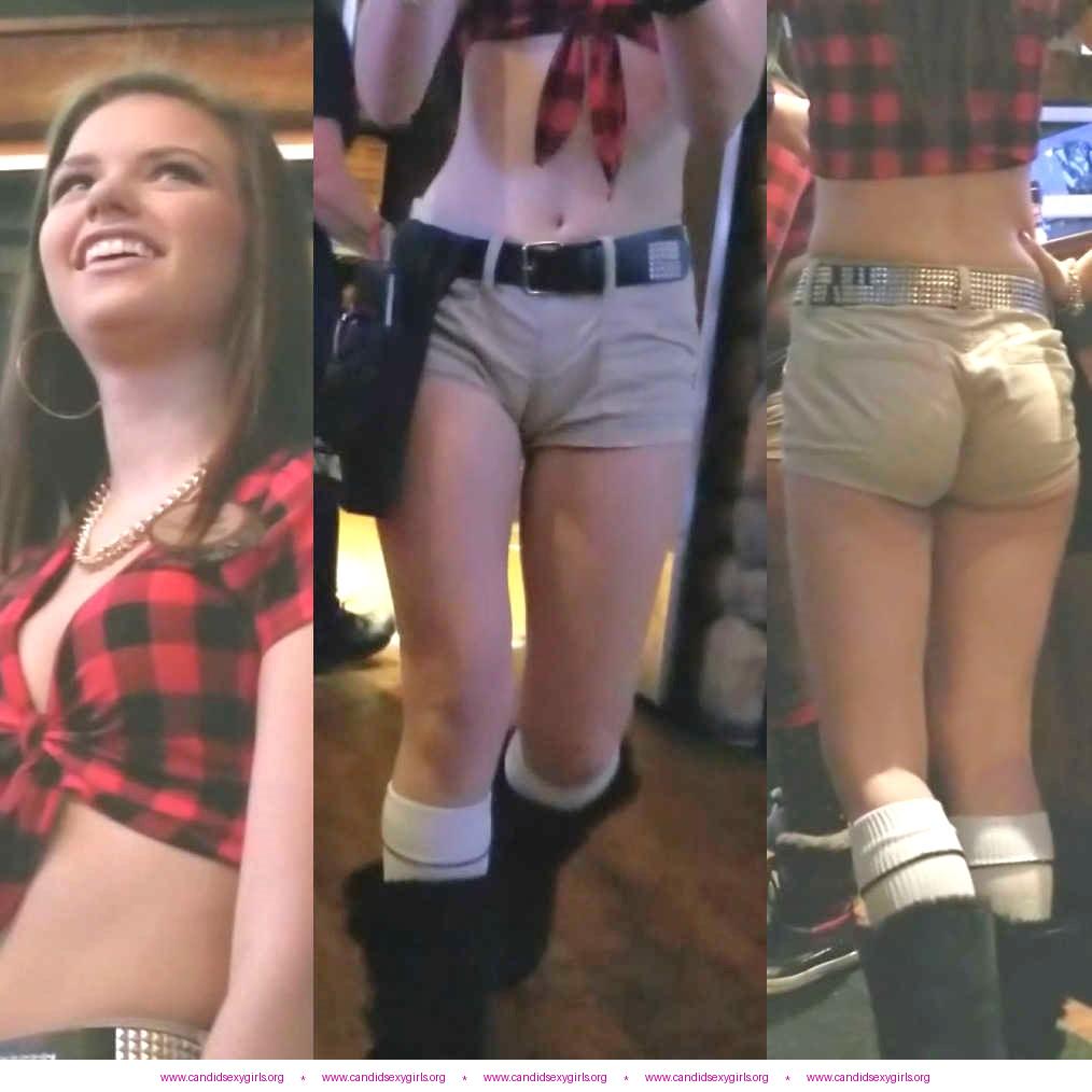 Skinny Teen Waitress In Shorts Showing Cameltoe